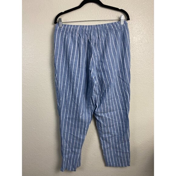 Serra Linen Blend Stripe Blue Womens Pants size Medium Lagenlook Pull on Elastic - Picture 13 of 13